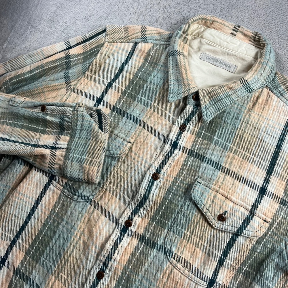 Outerknown Blanket Shirt Mens XL Organic Cotton Plaid Flannel Blue Tan